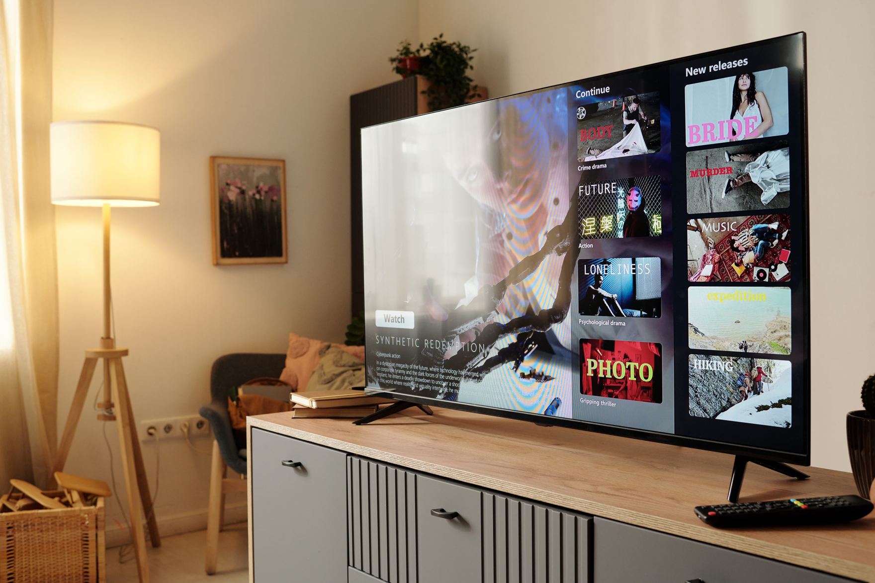 Modern Gauteng living room with a large flat-screen TV switched on after a professional repair